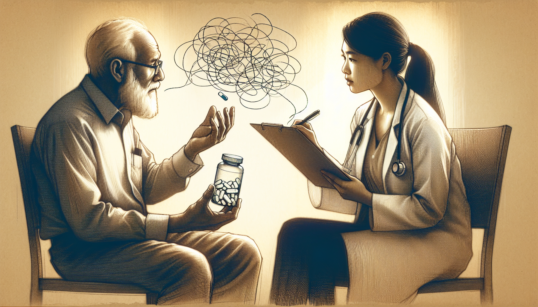 Illustration of a person discussing missed doses and side effects with a healthcare provider