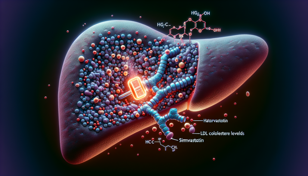 Illustration of a liver with HMG-CoA reductase enzyme being blocked by statins